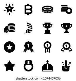 Solid vector icon set - christmas star vector, bitcoin, coin, golden branch, win cup, gold, medal, finger ring, crown, casting of steel