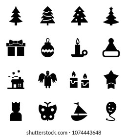 Solid vector icon set - christmas tree vector, gift, ball, candle, hat, house, angel, star medal, king, butterfly, sailboat toy, balloon smile