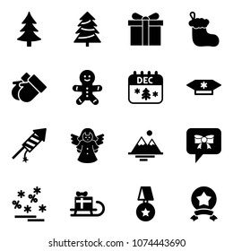 Solid vector icon set - christmas tree vector, gift, sock, gloves, cake man, calendar, candy, firework rocket, angel, mountains, bow message, sale, sleigh, star medal
