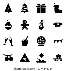 Solid vector icon set - christmas tree vector, gift, sock, ball, cake man, snowman, candy, wine glasses, champagne, snowball, flag garland, rowanberry, airport road sign, reading, bungalow