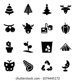 Solid vector icon set - christmas tree vector, deer, rowanberry, hat, tonometer, sweet pepper, flower pot, sproute, garbage, tent, butterfly, shell, recycling, moon lamp