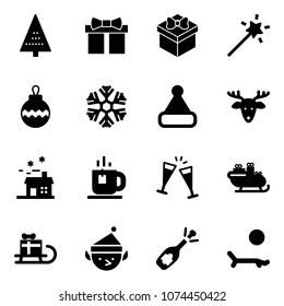 Solid vector icon set - christmas tree vector, gift, Magic wand, ball, snowflake, hat, deer, house, tea, wine glasses, santa sleigh, elf, fizz opening, lounger