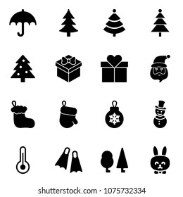 Solid vector icon set - christmas tree, gift, santa claus, sock, glove, ball, snowman, thermometer, flippers, forest, toy rabbit