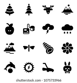 Solid vector icon set - christmas tree vector, deer, mountains, apple, tonometer, storm, rain cloud, dragonfly, shell, flower, dolphin, sun power, lawn mower, toy rabbit