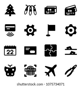 Solid vector icon set - christmas tree vector, garland, credit card, tap pay, gear, flag, calendar, envelope, puzzle, flip flops, butterfly, fingerprint scanner, plane, pliers