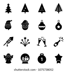 Solid vector icon set - christmas tree vector, santa claus, ball, firework rocket, wine glasses, champagne, angel, snowball house, gold medal, star