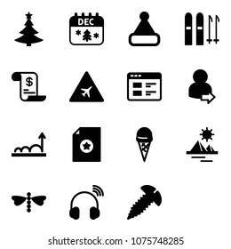 Solid vector icon set - christmas tree vector, calendar, hat, ski, account history, airport road sign, website, user login, growth, certificate, ice cream, pyramid, dragonfly, wireless headphones