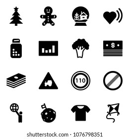 Solid vector icon set - christmas tree vector, cake man, snowball house, heart beat, pills bottle, statistics, broccoli, dollar, tractor way road sign, speed limit 110, no, world, moon flag, t shirt