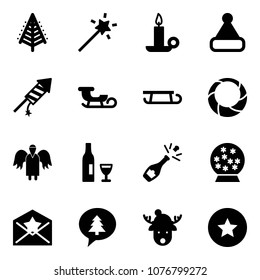 Solid vector icon set - christmas tree vector, Magic wand, candle, hat, firework rocket, sleigh, wreath, angel, wine, champagne, snowball, star letter, merry message, deer, medal