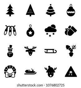 Solid vector icon set - christmas tree vector, ball, garland, snowfall, gloves, snowman, deer, sleigh, holly, wreath, snowmobile, hat, slippery road sign