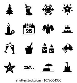 Solid vector icon set - christmas tree vector, sock, snowflake, star, candle, 25 dec calendar, angel, cake, wine glasses, champagne, dog, starfish, swimming, inflatable pool, sand castle