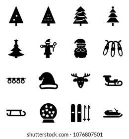 Solid vector icon set - christmas tree vector, santa claus, garland, hat, deer, sleigh, snowball, ski, snowmobile