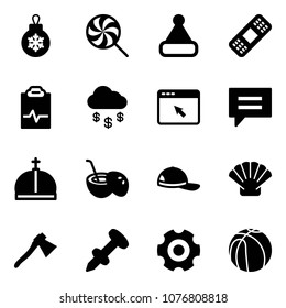 Solid vector icon set - christmas ball vector, lollipop, hat, medical patch, pulse clipboard, money rain, cursor browser, chat, crown, coconut cocktail, cap, shell, axe, nail dowel, gear, basketball