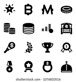 Solid vector icon set - christmas star vector, bitcoin, monero, coin, money chest, torch, golden branch, gold cup, medal, finger ring, crown