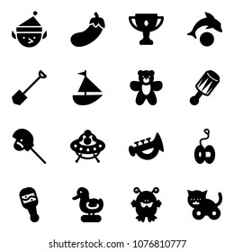 Solid vector icon set - christmas elf vector, eggplant, gold cup, dolphin, shovel, sailboat toy, bear, beanbag, horse stick, ufo, horn, yoyo, duck, monster, cat