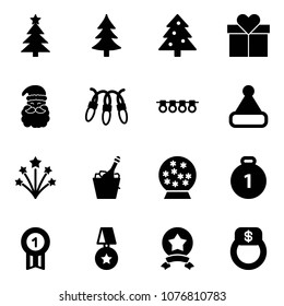 Solid vector icon set - christmas tree vector, gift, santa claus, garland, hat, firework, champagne, snowball, gold medal, star, finger ring