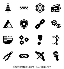 Solid vector icon set - christmas tree vector, garland, snowflake, credit card, landslide road sign, shield cross, link, gears, hotel, flower, piston, bezier, pliers, protective glasses, bow