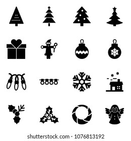 Solid vector icon set - christmas tree vector, gift, santa claus, ball, garland, snowflake, house, holly, wreath, angel