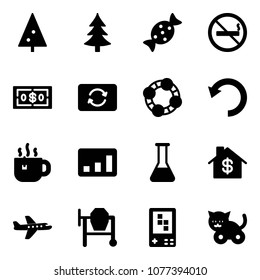 Solid vector icon set - christmas tree vector, candy, no smoking sign, dollar, card exchange, friends, undo, hot tea, statistics, flask, home, plane, cocncrete mixer, game console, toy cat