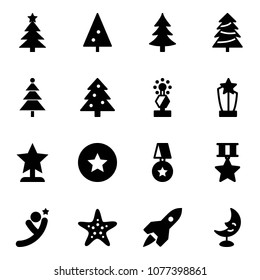 Solid vector icon set - christmas tree vector, award, star medal, flying man, starfish, rocket, moon lamp