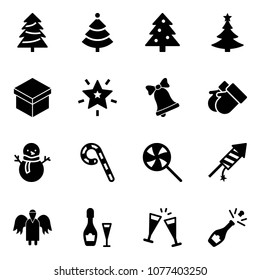 Solid vector icon set - christmas tree vector, gift, star, bell, gloves, snowman, lollipop, firework rocket, angel, wine, glasses, champagne