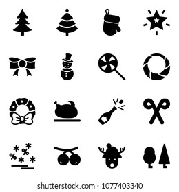Solid vector icon set - christmas tree vector, glove, star, bow, snowman, lollipop, wreath, turkey, champagne, santa stick, sale, rowanberry, deer hat, forest