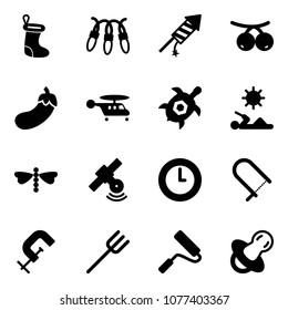 Solid vector icon set - christmas sock vector, garland, firework rocket, rowanberry, eggplant, helicopter, sea turtle, reading, dragonfly, satellite, clock, fretsaw, clamp, farm fork, paint roller
