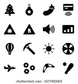 Solid vector icon set - christmas tree vector, ball, eggplant, tap pay, tunnel road sign, narrows, volume max, statistics, air balloon, rock axe, sun, parasol, plane, flower, boomerang, baseball bat