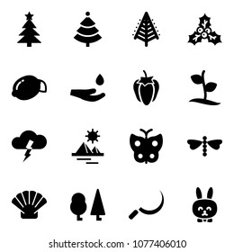 Solid vector icon set - christmas tree vector, holly, lemon, drop hand, sweet pepper, sproute, storm, pyramid, butterfly, dragonfly, shell, forest, sickle, toy rabbit