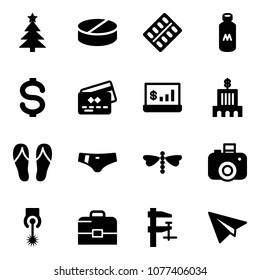 Solid vector icon set - christmas tree vector, pill, pills blister, milk, dollar, credit card, account statistics, bank building, flip flops, swimsuit, dragonfly, camera, laser, case, clamp