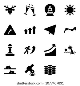 Solid vector icon set - christmas deer vector, wine glasses, snowball tree, sun, turn right road sign, arrows up, paper fly, chart point arrow, pawn, career, rise, palm, flip flops, satellite