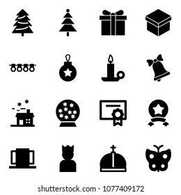Solid vector icon set - christmas tree vector, gift, garland, ball, candle, bell, house, snowball, certificate, star medal, doors, king, crown, butterfly