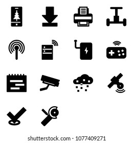Solid vector icon set - christmas mobile vector, download, printer, gyroscope, antenna, server wireless, power bank, joystick, terms plan, surveillance camera, snow, satellite, check