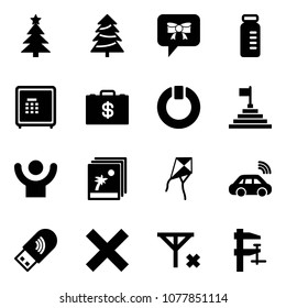 Solid vector icon set - christmas tree vector, bow message, vial, safe, money case, standby, pyramid flag, success, photo, kite, car wireless, usb wi fi, delete, no signal, clamp
