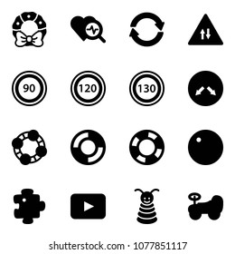 Solid vector icon set - christmas wreath vector, heart diagnosis, exchange, oncoming traffic road sign, speed limit 90, 120, 130, detour, friends, lifebuoy, record, puzzle, playback, pyramid toy