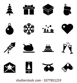 Solid vector icon set - christmas tree vector, gift, glove, snowflake, landscape, heart, firework rocket, turkey, cake, wine glasses, star letter, mobile, rowanberry, dog