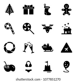 Solid vector icon set - christmas tree vector, gift, sock, cake man, lollipop, deer, house, wreath, wine glasses, santa sleigh, airport road sign, coconut cocktail, swimsuit, sand castle