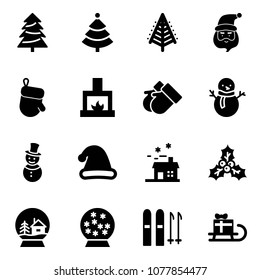Solid vector icon set - christmas tree vector, santa claus, glove, fireplace, gloves, snowman, hat, house, holly, snowball, ski, sleigh gift