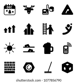 Solid vector icon set - christmas calendar vector, deer, tonometer, turn right road sign, arrows up, opportunity, flying man, sun, flip flops, beer, mobile phone, binary code, nut, rake, cube toy