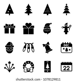 Solid vector icon set - christmas tree vector, gift, santa claus, garland, bell, calendar, firework, wreath, mobile