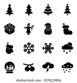 Solid vector icon set - christmas tree vector, gift, santa claus, sock, glove, snowflake, snowfall, snowball house, rowanberry, storm, snow