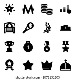 Solid vector icon set - christmas star vector, monero, coin, money chest, torch, golden branch, pedestal, win cup, gold medal, crown