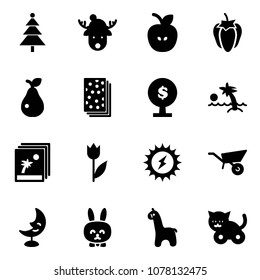 Solid vector icon set - christmas tree vector, deer hat, apple, sweet pepper, pear, breads, money, palm, photo, tulip, sun power, wheelbarrow, moon lamp, toy rabbit, giraffe, cat