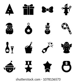 Solid vector icon set - christmas tree vector, gift, bow, santa claus, ball, snowman, lollipop, wine, champagne, angel, elf, star medal, finger ring
