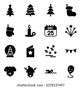 Solid vector icon set - christmas tree vector, sock, glove, candle, 25 dec calendar, firework, snowball, star postcard, sale, flag garland, dog, deer hat, swimming, balloon smile