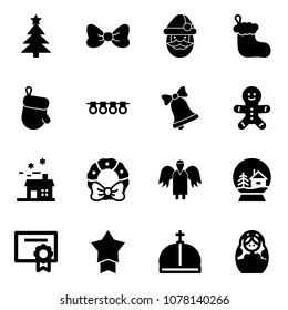 Solid vector icon set - christmas tree vector, bow, santa claus, sock, glove, garland, bell, cake man, house, wreath, angel, snowball, certificate, star medal, crown, russian doll