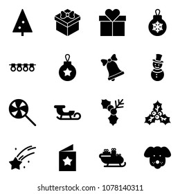 Solid vector icon set - christmas tree vector, gift, ball, garland, bell, snowman, lollipop, sleigh, holly, falling star, postcard, santa, dog