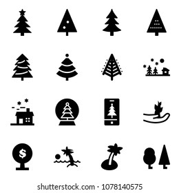 Solid vector icon set - christmas tree vector, landscape, house, snowball, mobile, hand sproute, money, palm, forest