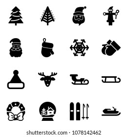 Solid vector icon set - christmas tree vector, santa claus, glove, snowflake, gloves, hat, deer, sleigh, wreath, snowball house, ski, snowmobile
