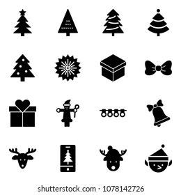 Solid vector icon set - christmas tree vector, firework, gift, bow, santa claus, garland, bell, deer, mobile, hat, elf